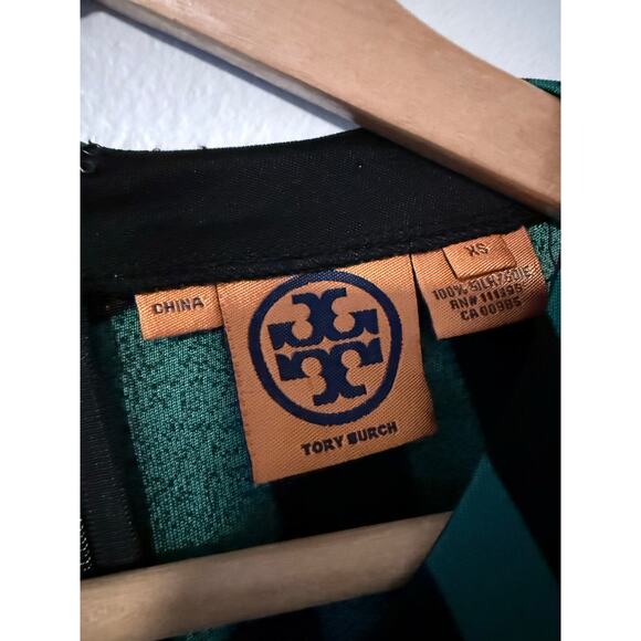 TORY BURCH 100% silk black green geometric aztec stretch fit flare dress - Picture 7 of 9